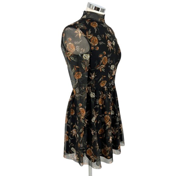 Altar'd State Floral High Neck Mesh Tiered Mini Dress Black Rust Size Medium - Picture 5 of 10